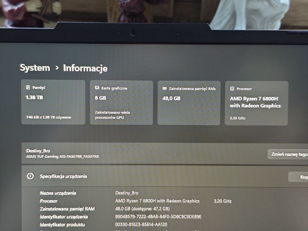 Asus TUF f15 RTX 3070 8gb 140w, r7 6800h, 48gb ram ddr5, 512gb+1tb,