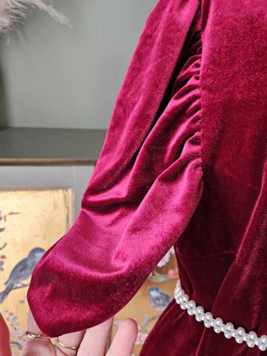 Luksusowa Sukienka damska XS/ S  Czerwone Wino Welur Krótki Rękaw