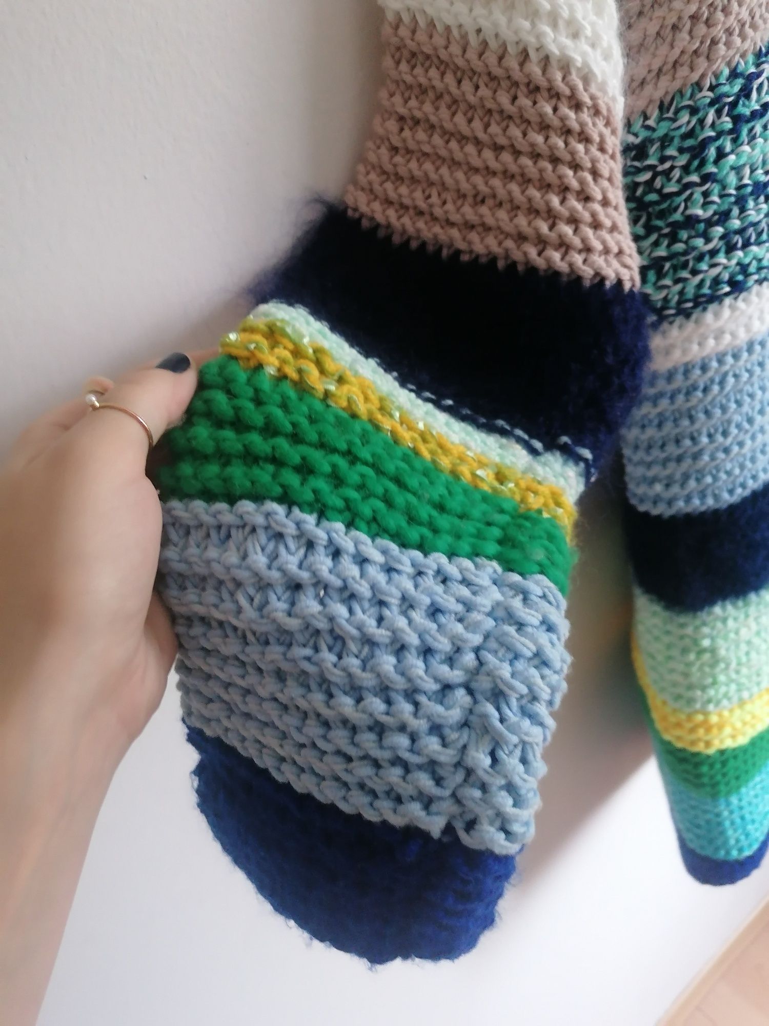 Kolorowy patchworkowy sweter Handmade robiony na drutach M L