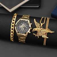 Zestaw luksusowy złoty zegarek bransoletka naszyjnik