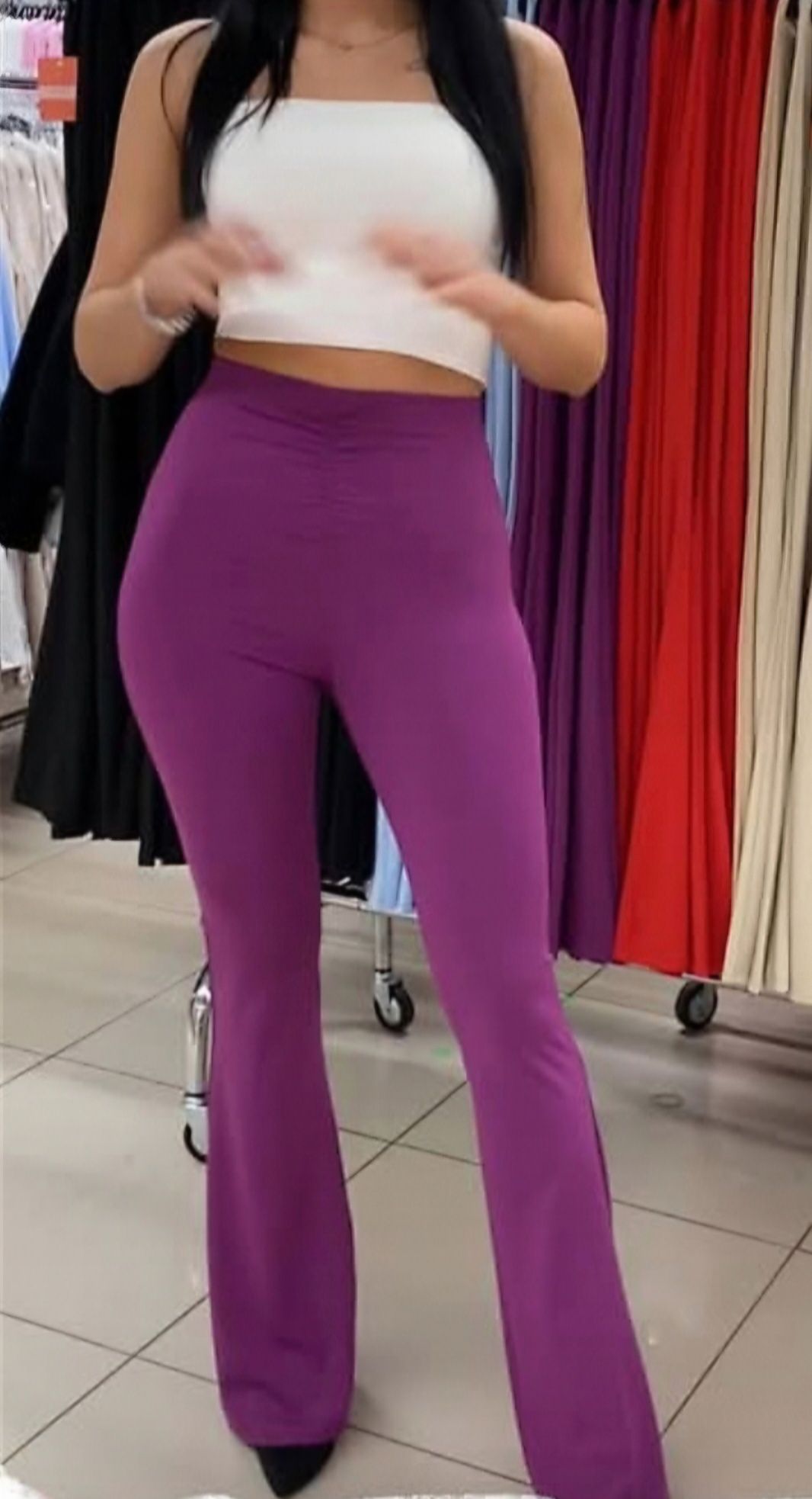 Spodnie dzwony lycra biskupi fiolet marszczenia uni