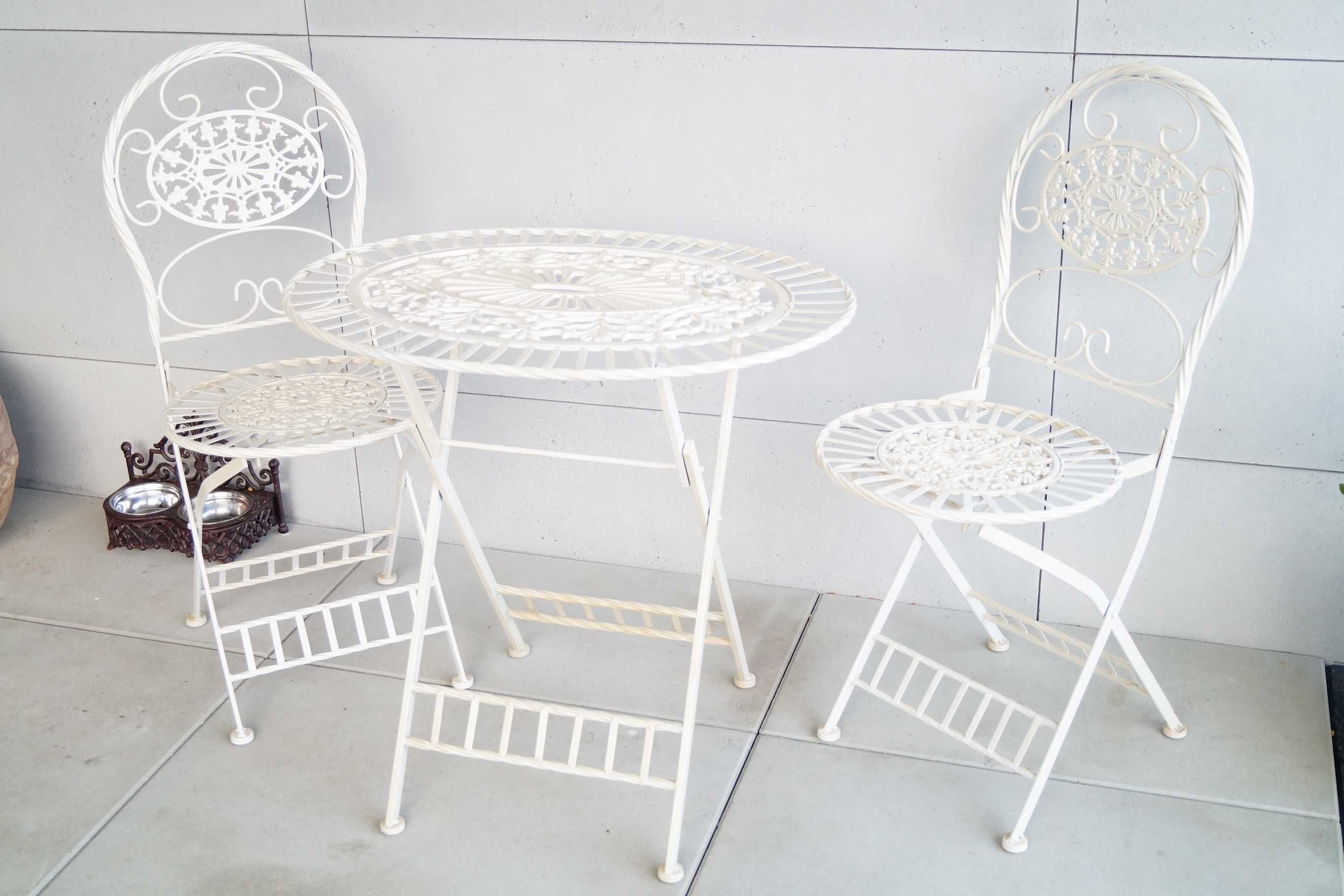 Stół + dwa krzesła ogrodowe białe patynowane rustykalne retro patio