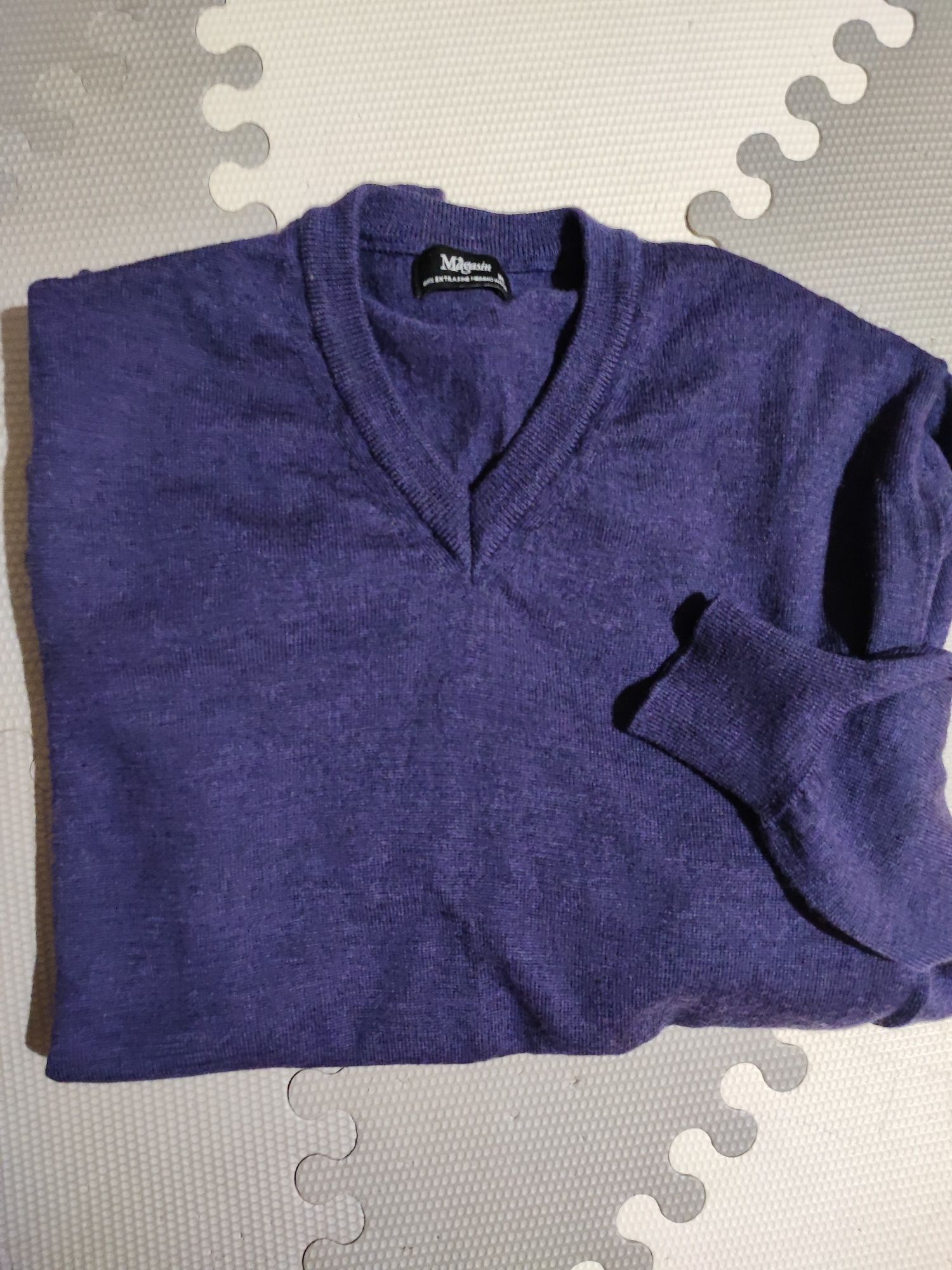 Męski wełniany sweter bluzka bluza w serek merino wool fioletowy XL