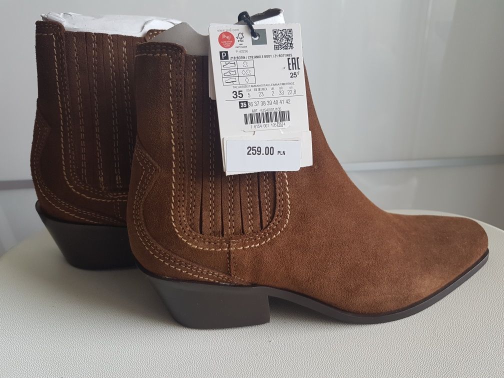 ZARA nowe botki kowbojki, SKÓRA, zamsz, r. 35 w cenie zakupu!