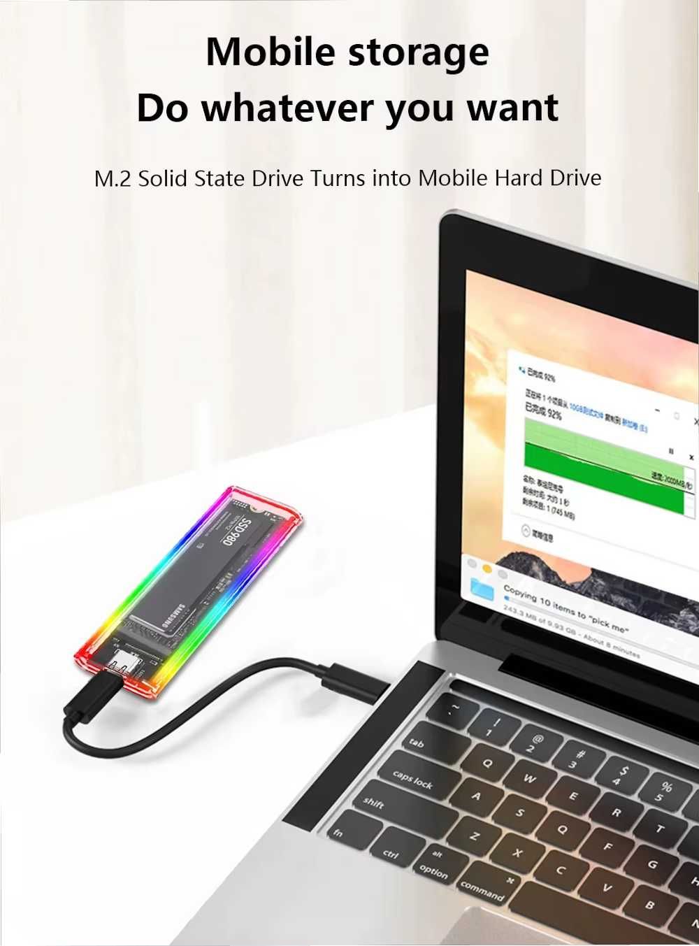 Caixa SSD NVME M.2 RGB Gabinete de disco rígido transparente