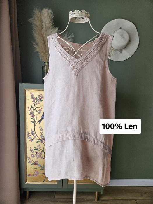 Letnia Tunika Damska 100% Len - Marisa&Marie, Pudrowy Róż, Made in Ita