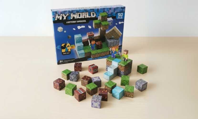 Klocki magnetyczne 50 el. sześciany Minecraft styl + 2 figurki NOWOŚĆ