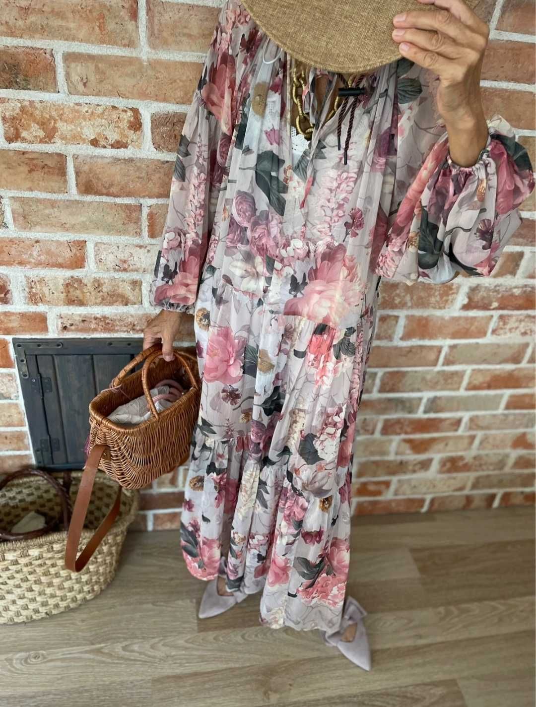 H&M długa maxi oversize szyfonowa sukienka w kwiaty luźna XL/ XXL