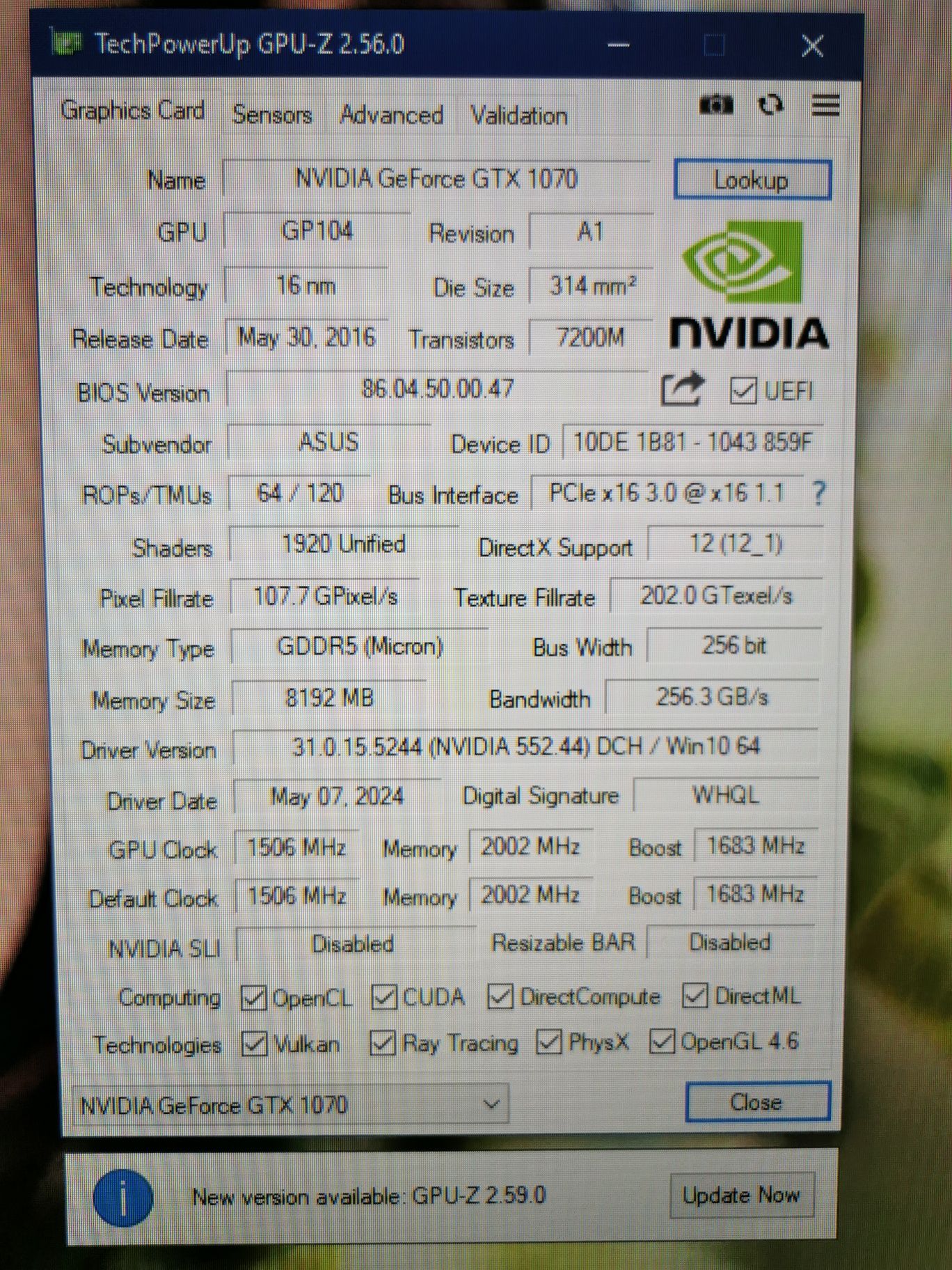 Видеокарта ASUS DUAL GeForce GTX 1070 8Gb
