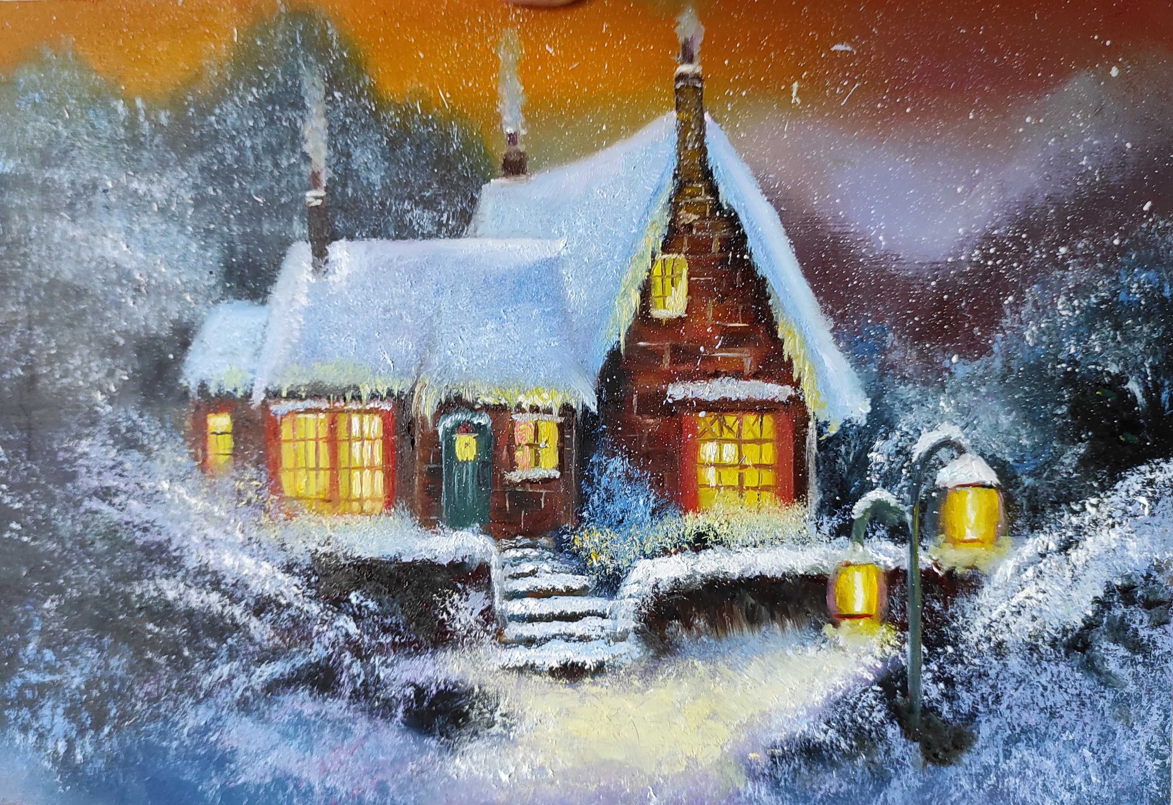 Картина на подарунок, зимовий пейзаж, картина маслом, картина зима
