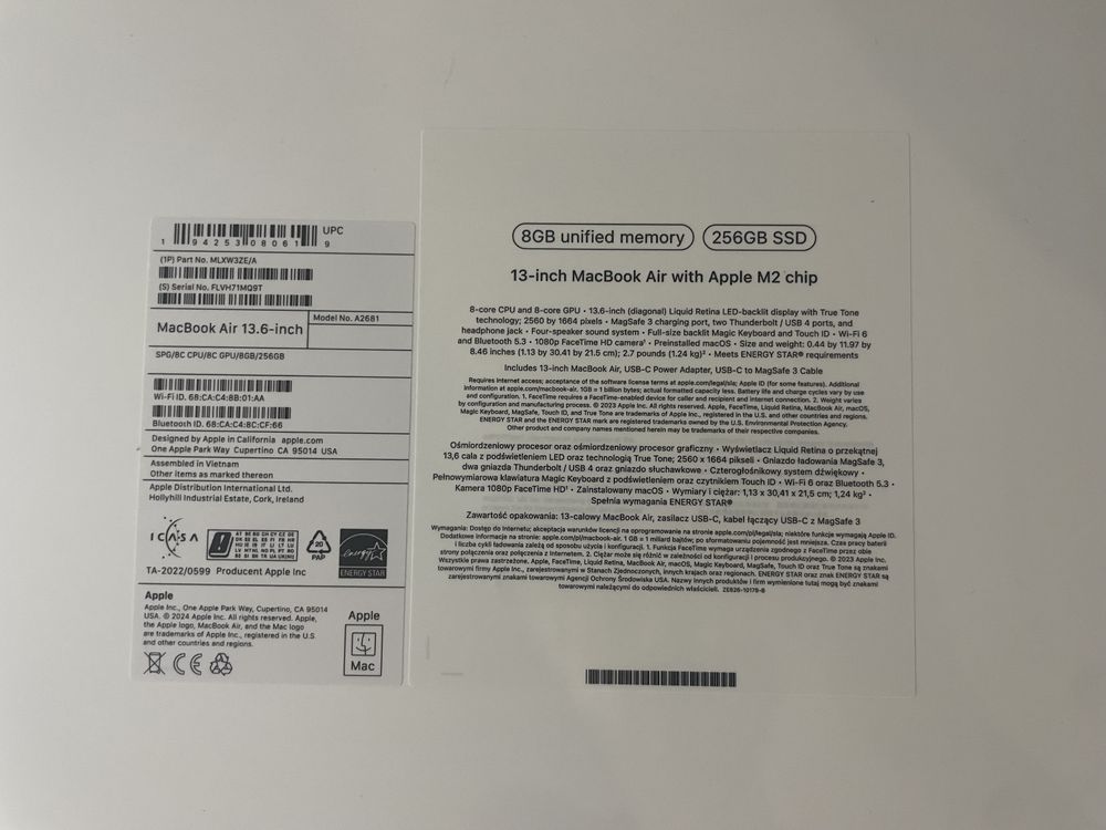 Macbook air m2 13.6 8GB 256SSD nowy zafoliowany Gwarancja