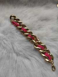 Золотой толстый широкий обьемный браслет с розовой цепочкой женский