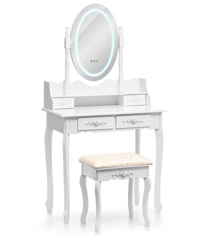 Toaletka kosmetyczna z lustrem i OŚWIETLENIEM LED taboret szuflady