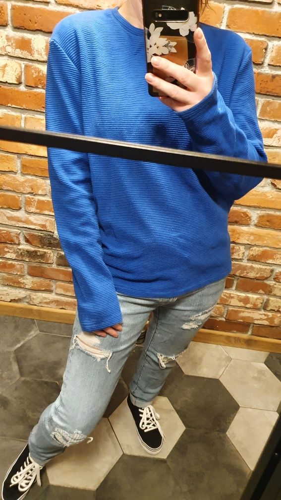Niebieski bawełniany sweter oversize prążki boyfriend Zara