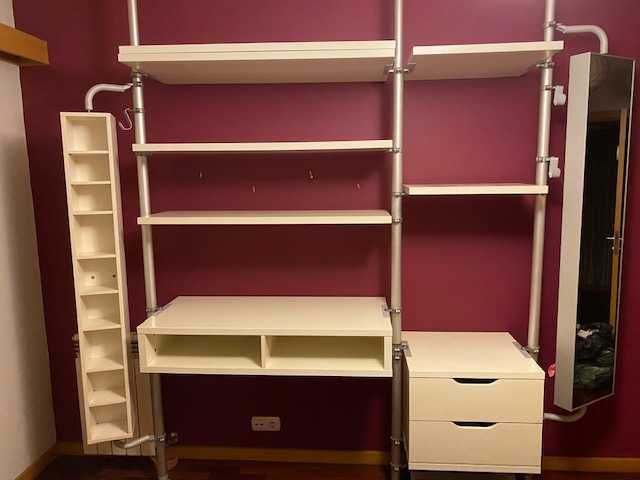 estanteria, secretária, espelho,