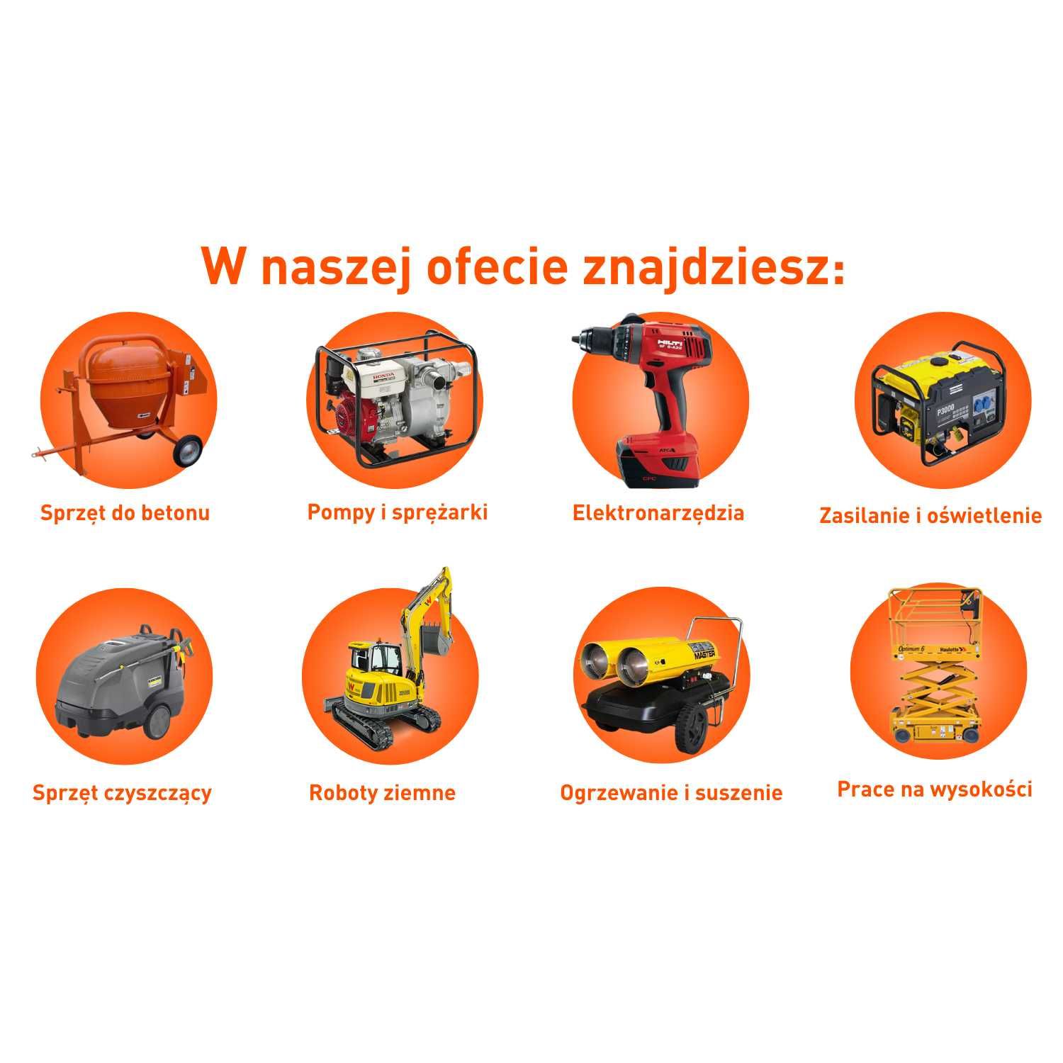 Wynajem Kompresor, Osuszacz, Podnośnik, Koparka, Zagęszczarka, Rębak