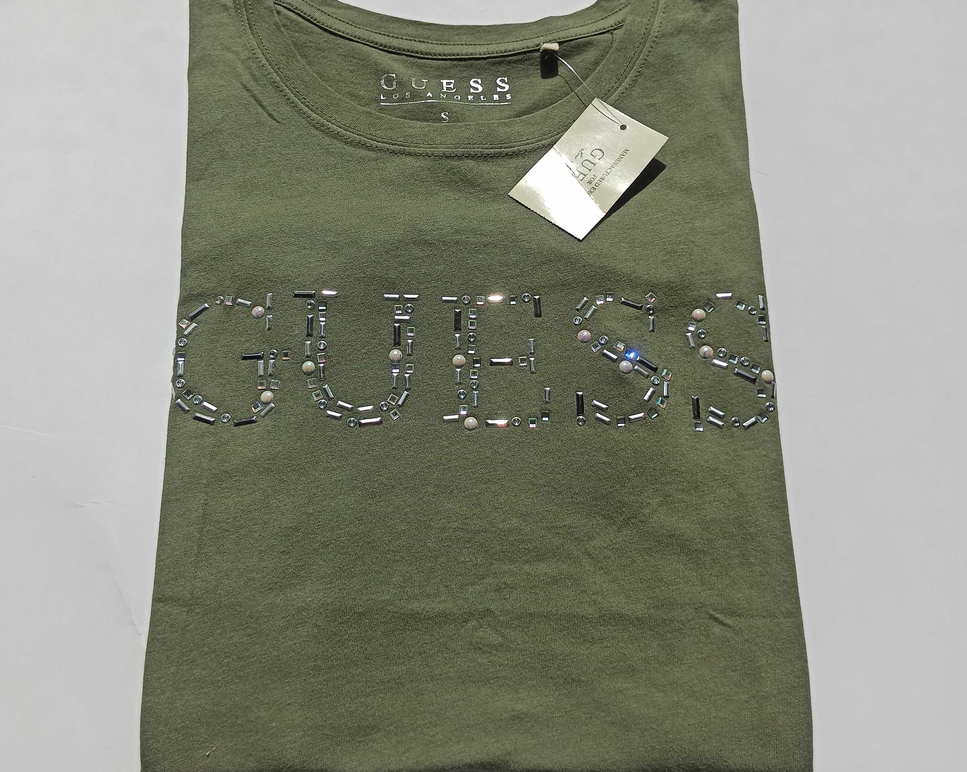 GUESS Oryginalna! Koszulka T-Shirt Bluzka Perly Khaki Oliwkowa Zielona