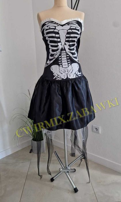 Halloween przebranie Strój kostium Szkielet sukienka M czarna