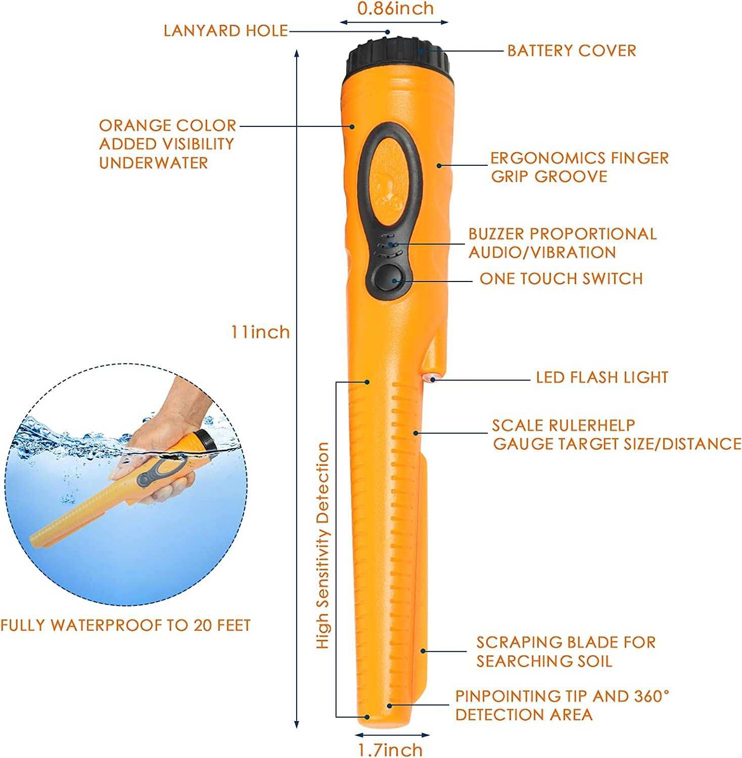 Pinpointer detector de metais manual impermeável IP68