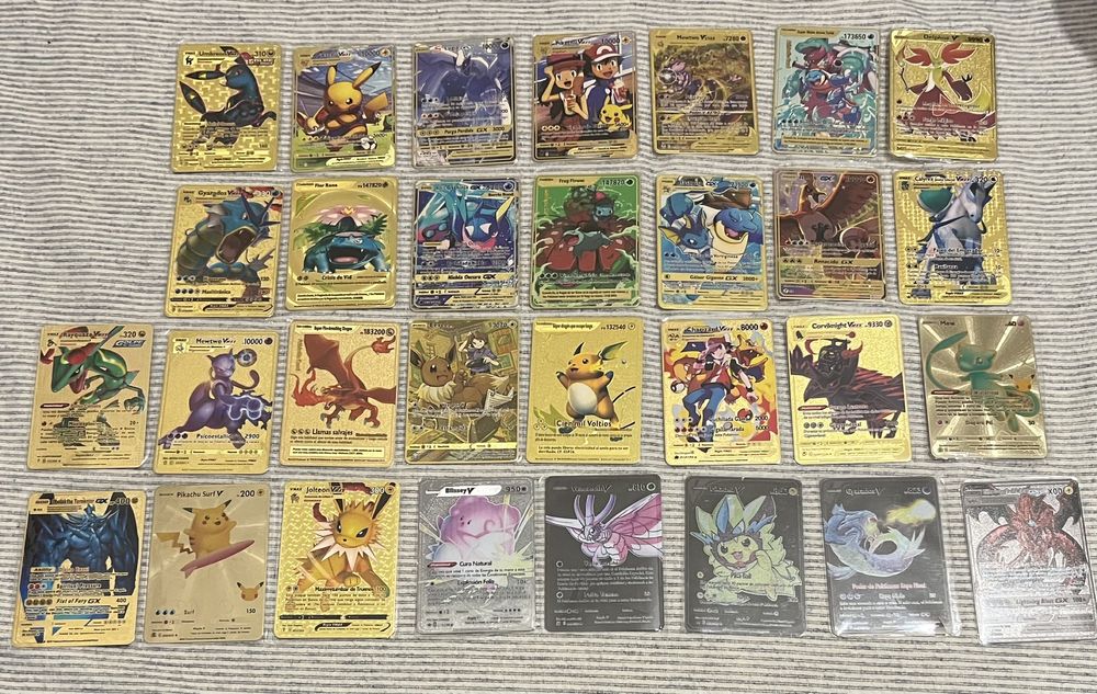 Cartas metalicas douradas e prateadas pokemon