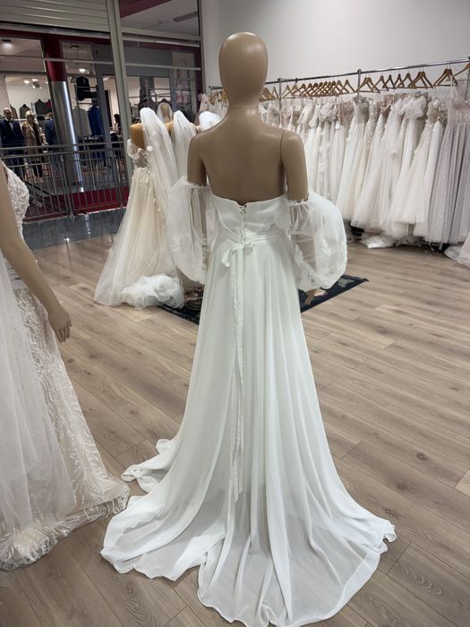 Nowa muślinowa sunia ślubna z gorsetem i bufkami gładka boho 38