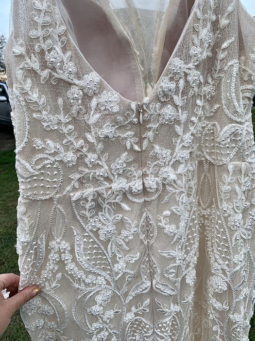 Suknia ślubna syrenka dopasowana ręcznie zdobiona tren+welon 3 metrowy