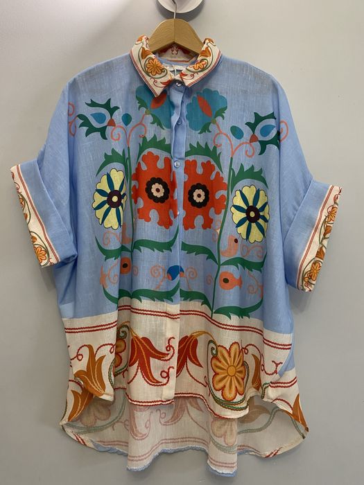 Lniana koszula folk boho kolorowa wzory oversize wiosna lato szeroka