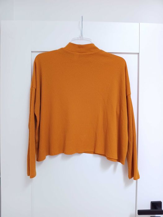 H&M 36S lekki musztardowy żółty prążkowany damski sweterek basicowy