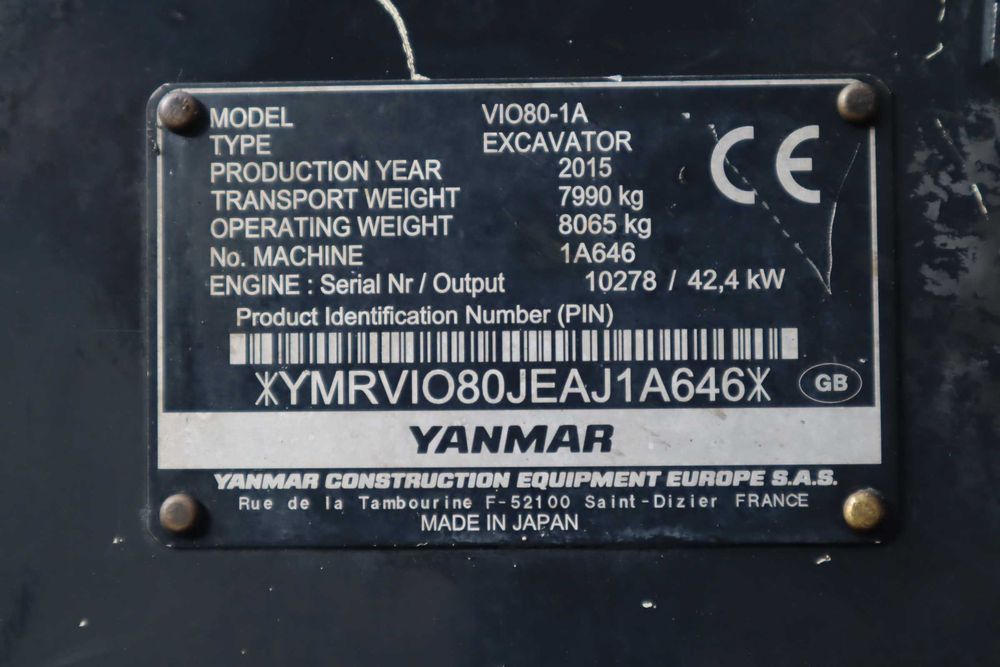2015 Yanmar VIO80-1A Escavadora Giratória de Rastos