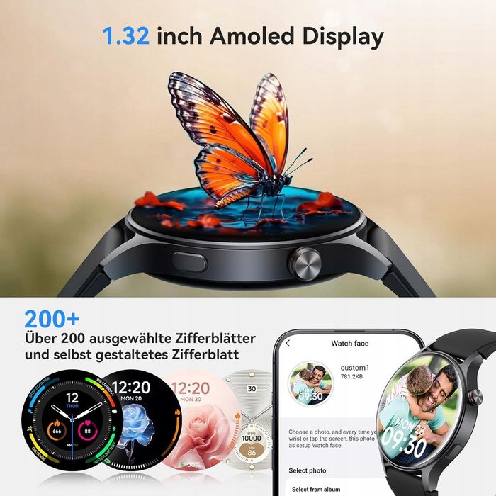 Smartwatch męski, damski okrągły, czarny, AMOLED 1,32", Rozmowy, AEAC
