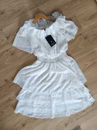 Biała sukienka hiszpanka S/M z szeroką gumką w pasie