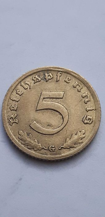 Niemcy III Rzesza 5 fenigów, pfennig 1939 rok mennica G - super
