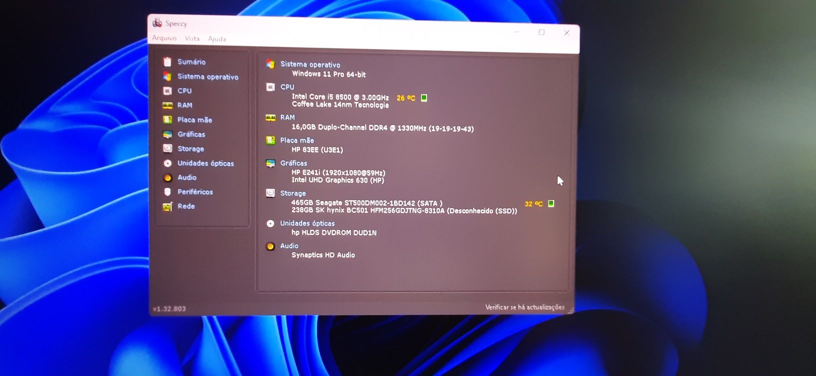 Pç HP 600G4 8ªG|i5.8500-4.0G|16G-DDr4|M2.256+HDD500|TPM2.0|VGA/DP|W11