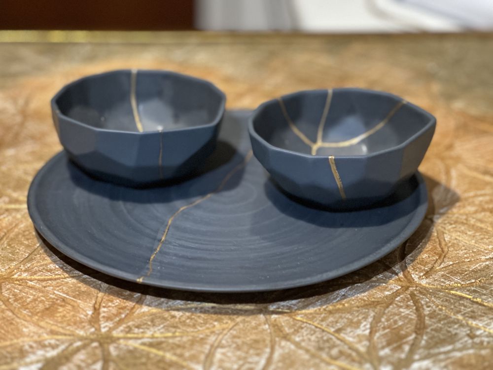 Ceramiczny zestaw naczyń kintsugi Unikat