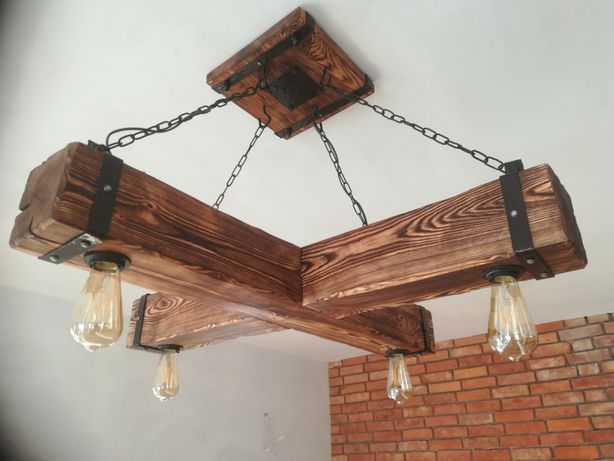 Drewniana lampa wisząca, żyrandol RETRO, postarzana belka, Vintage