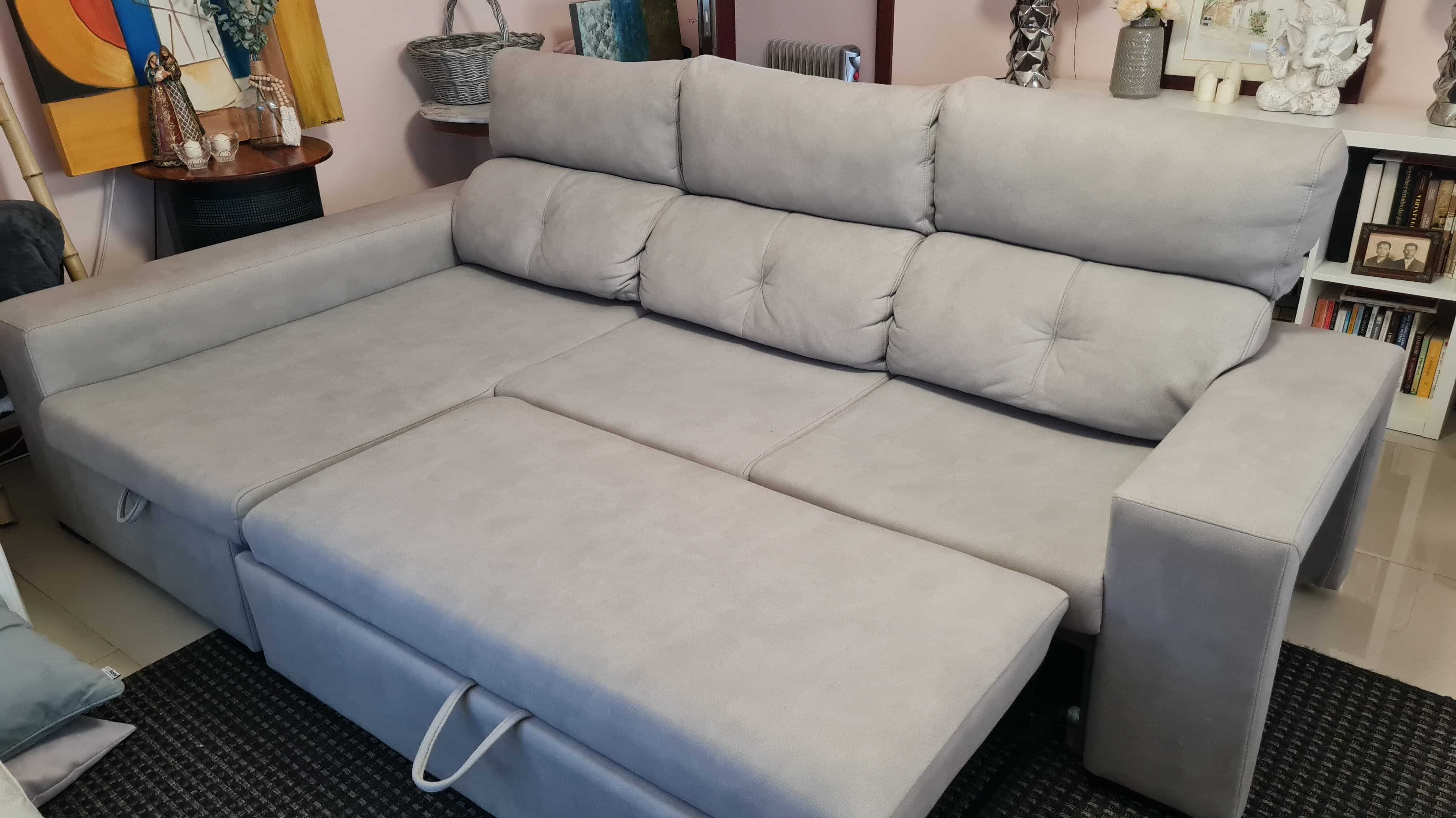 Sofá Chaise Longue cinzento c/ sofá cama e baú arrumação