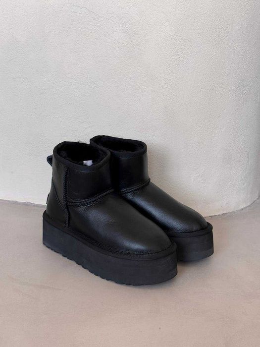 Женские Ugg Mini Platform Black Leather черные кожанные УГГ міні