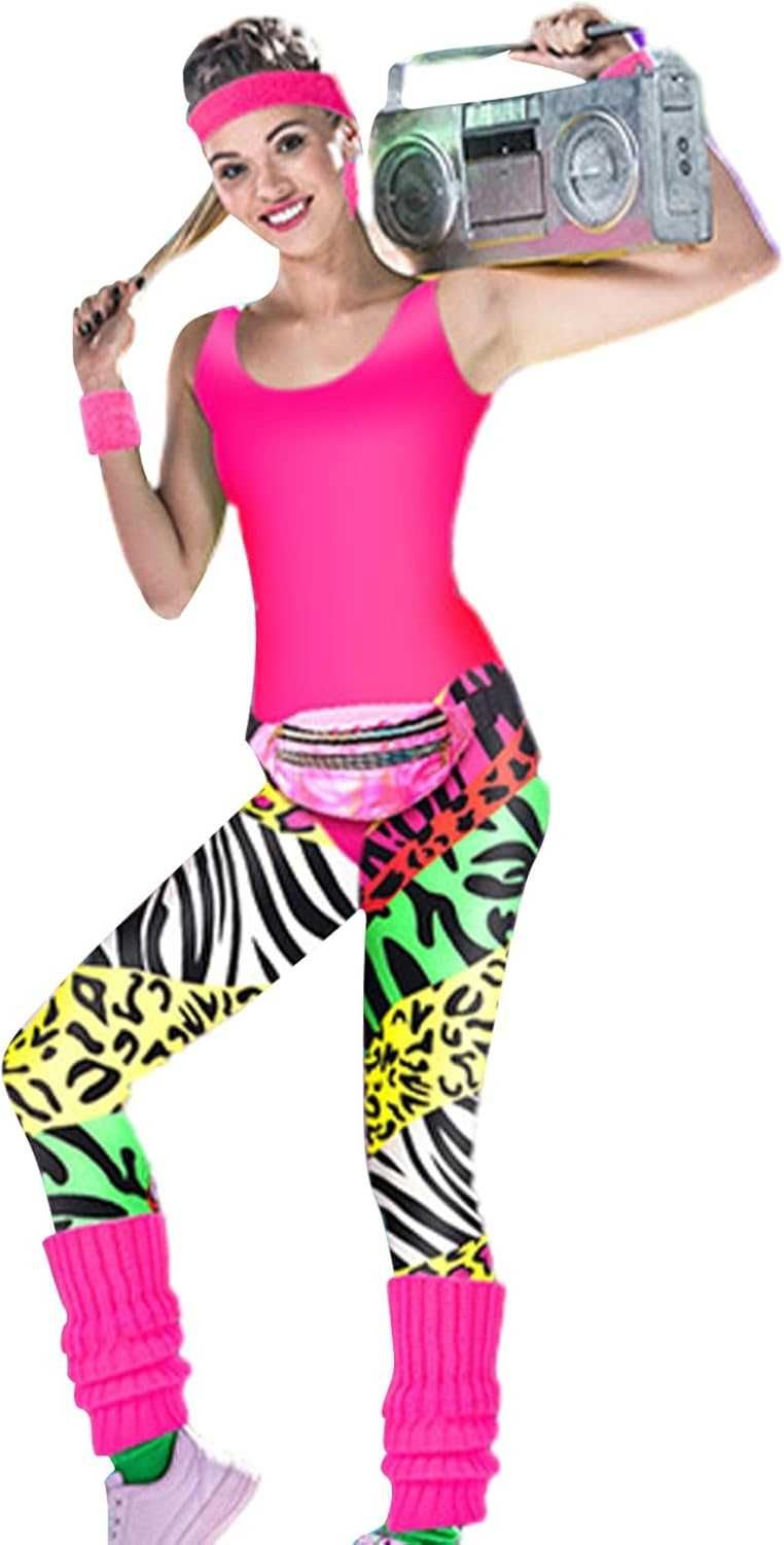 Strój lata 70 80 90 NEON RETRO DISCO BODY LEGGINSY Zestaw Roz. XL Q503