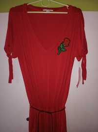 Długa sukienka czerwona,y, róża,haft,falbany,roiM/L