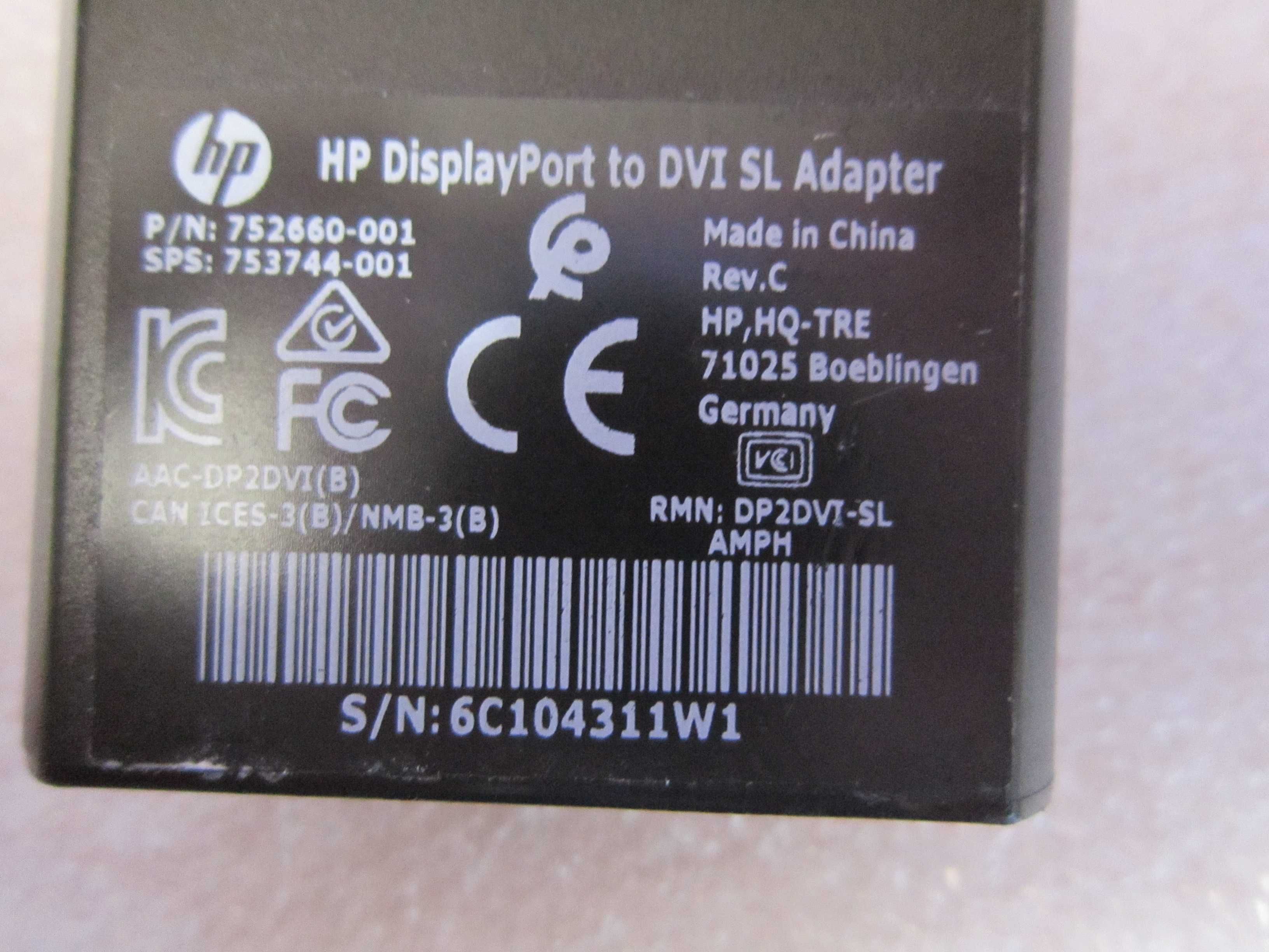 Konwerter przejściówka HP DisplayPort DP do DVI SL Adapter 752660