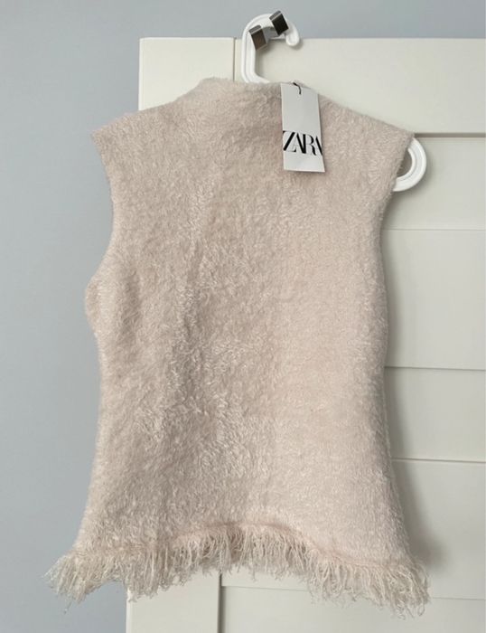 Zara Nowe Top Bluzka Bezrękawnik M Sweterek Pióra Frędzle