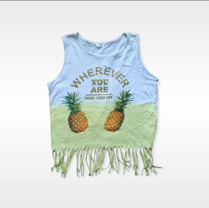 crop top t-shirt bluzka koszulka bez rękawów z nadrukiem z frędzlami