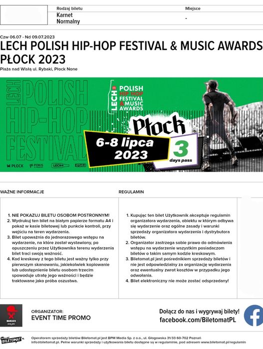 Bilet, karnet 3 dniowy Lech Polish Hip-Hop Festival & Music Awards