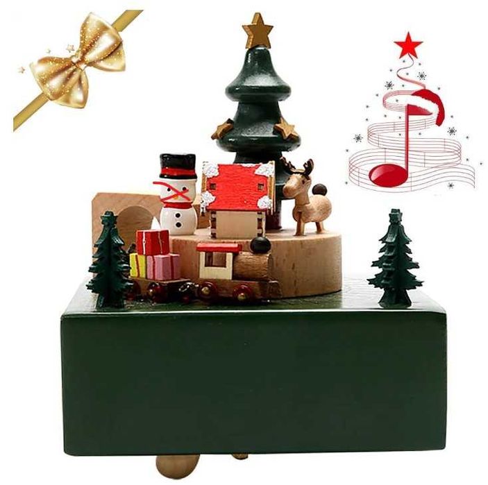 Świąteczna, grająca, drewniana pozytywka z jeżdżącym pociągiem