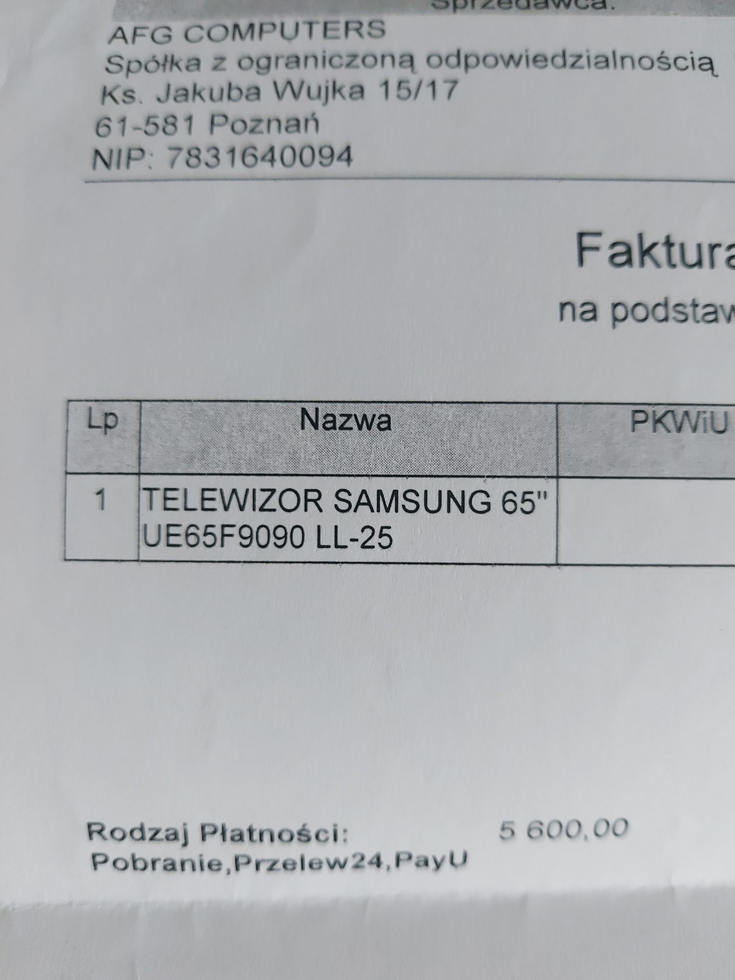 Telewizor Samsung 65" uszkodzony