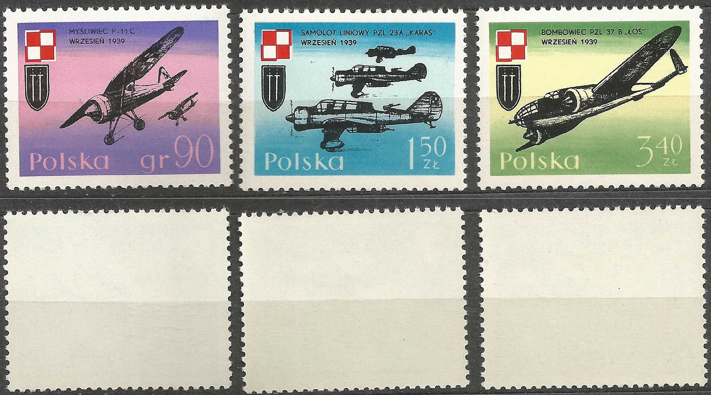 Znaczki seria: Lotnictwo polskie w wojnie 1939r FI 1972 – 1974 stan**