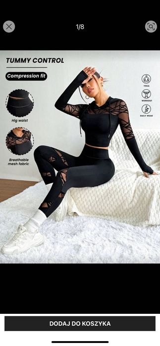 Nowy komplet sportowy czarny z siateczką 36 legginsy bluza top zestaw