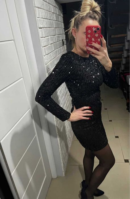 Cekinowa sukienka MIDI na sylwestra wesele imprezę L