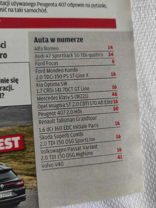 Czasopismo Motor WYSZUKAJ Auto 16/2018 A7 Optima V40 Talisman klasa S