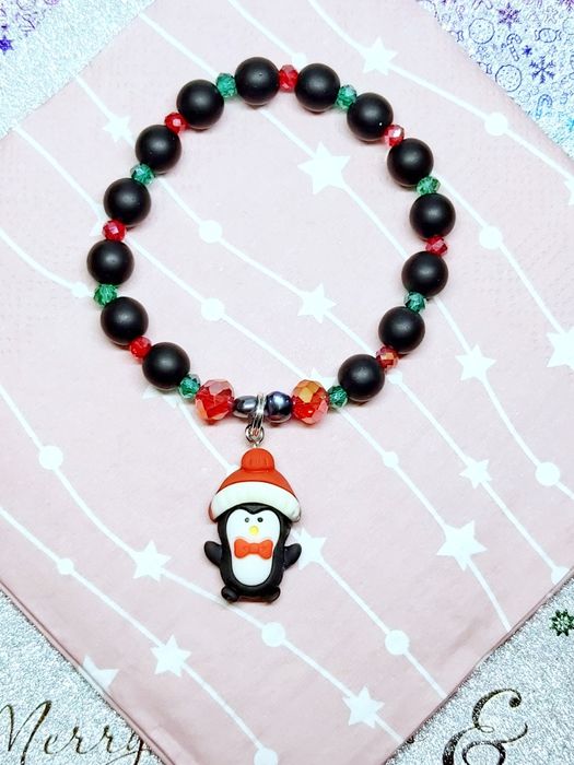 Bransoletka handmade pingwinek święta prezent onyks kryształ perły